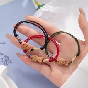 물고기팔찌 복숭아나무 행운 팔찌 수제매듭팔찌 우정 커플 패션 팔찌 3P세트 그린 레드 블랙 B007