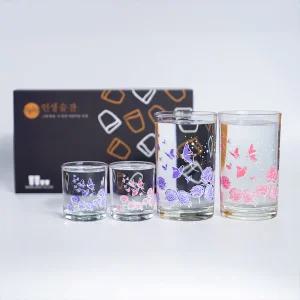 꽃나비 소주잔 맥주잔 4p 세트 집들이선물 변색 술잔 색이변하는 시온 변온 주문 제작