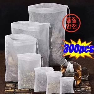 일회용 티백 부직포 원단 차 필터 드로스트링 포함 커피 향신료 주방 300 개