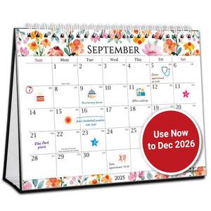 크랜버리 스몰 데스크 캘린더 2025-2026, 스탠딩 플립 8x6인치, (플로럴) 지금부터 2026년 12월까지 사용하기, 큰 사각형, 노트 섹션이 있는 컴팩트 스탠드업 데스크톱 캘린더, 234개의 스티커