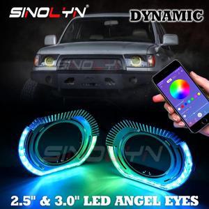 Sinolyn 2.5인치 3.0 RGB LED 엔젤 아이 슈라우드 제논 프로젝터 렌즈 회전 다이나믹 방향 지시등 헤일로