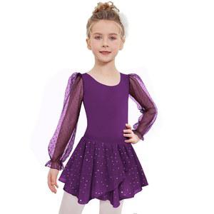 여자 아이들을 위한 자클로트레 체조 발레 레오타드 메쉬 퍼프 긴팔 댄스