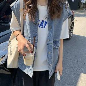 [콩심팥심]사계절 청조끼 데님 루즈핏 여성 데일리 오버핏 박시 발열조끼