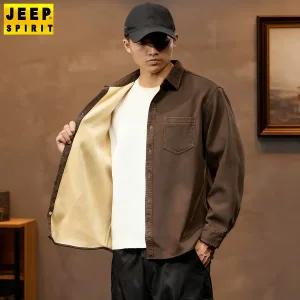 JEEP SPIRIT 남성 오버핏 카고 포켓 셔츠 가을 겨울 벨벳 두꺼운 긴팔 남방