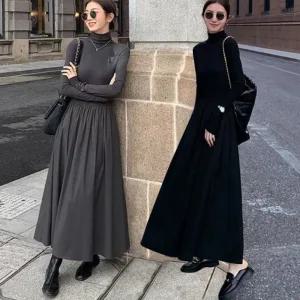 여성 하이웨스트 스타일 긴팔 목티 원피스 URK-245폴라 A라인 심플 블랙롱 회색 고급 데일리 긴원피스