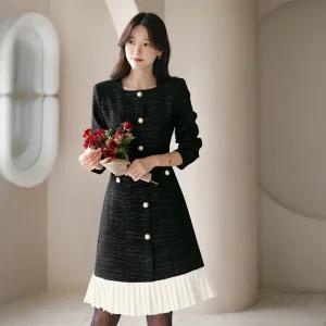 [시크라인] (~XXL까지) 타미렐르 플리츠 포인트 트위드 원피스 가을 겨울 하객룩 오피스룩 모임룩 격식룩 빅사이즈