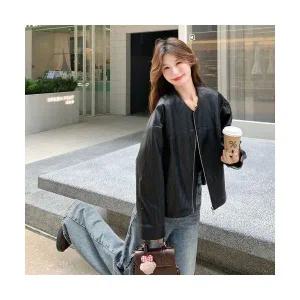 여성용 야구 점퍼 블랙 쇼트 가죽 코트 가을 스위트핏 탈부착 체크 후드 CH3
