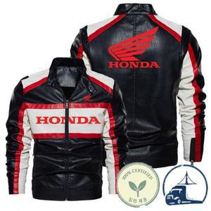 혼다 가죽 자켓 스탠드 칼라 지퍼 대비 색상 오토바이 방풍 남성 의류