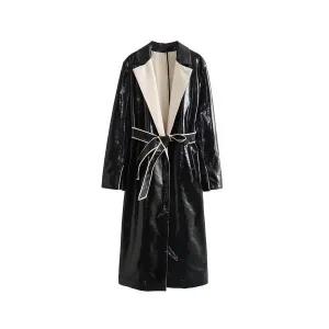 엘럽 여성코트 겨울 칼라넥 배색 벨트 트렌치코트 롱코트 박템4