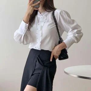 [하프클럽/]여성 프릴 잔주름 귀여운 블라우스