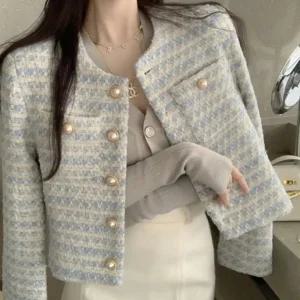 진주단추 노카라 트위드 자켓 여성 간절기 숏 봄자켓 여성아우터 봄아우터 꽃샘추위