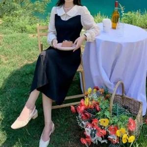 니트 자수 원피스 후드티 페미닌 나비패턴 레이어드디