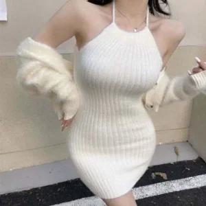 원피스 골지 클럽원피스 홀터넥 미니 슬림 니트 민소