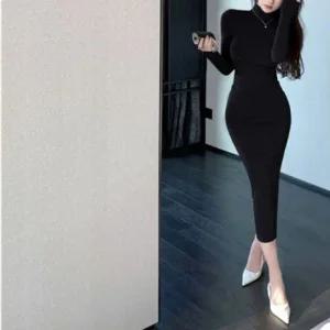 롱원피스 슬림 긴팔 모임룩 반하이넥 실크 클럽원피스