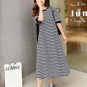 롱원피스 스트라이프 여름 반팔 치마 등원룩 원피스