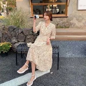 여름 반팔원피스 랩디자인 도트패턴 롱원피스 허리밴