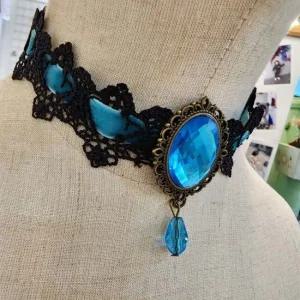 블루 북유럽풍 레이스 벨벳 초커 북유럽풍 검정 할로윈 행사 파티 데이트 초커 넥 큐빅 여성 목걸이