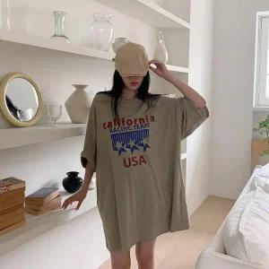 [하프클럽/]여성 빈티지 워싱 롱 반팔 티셔츠 키치무드