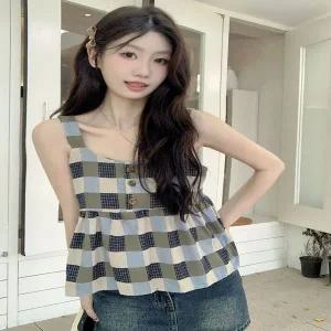 여성 썸머 체크 민소매 플레어 블라우스 나시 탑