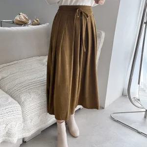 [유야]여성 뒷밴딩 리본 플리츠 골덴 플레어 롱스커트 -FSK0201- 가을 겨울