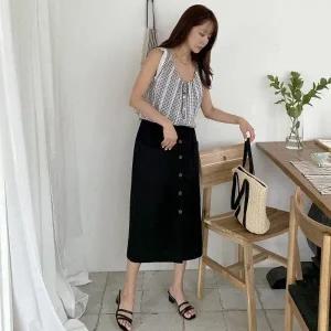 [다잇템] 여성 부드러운 버튼 롱 베이직 마원단 민무늬 스커트_23328533_588872