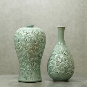 청자 상감 운학문 매병 주병 세트/대 고려청자 한국전통 골동품 장식용 공예품 옛날인테리어 작품 도자기