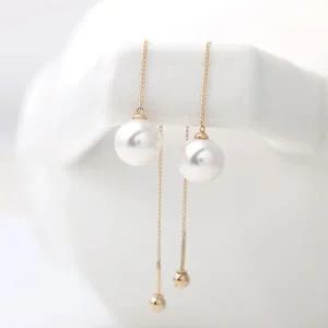 14K GOLD 진주 롱 체인 드롭 금 피어싱 귀걸이