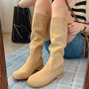 더구두 라운드 스웨이드 플랫 롱부츠(3cm)-2480