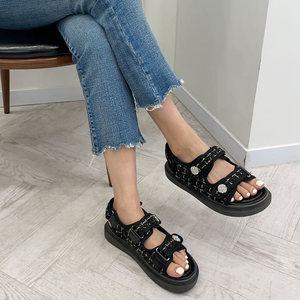 슈즈앤 여성 데일리 여름 트위드 통굽 샌들 sn099