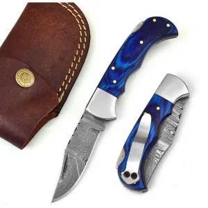 606BU 다마스쿠스 강철 나이프 - 클립 달린 주머니 접이식 수제 맞춤 남성용 ？ 캠핑 사냥 낚시 실내외 활