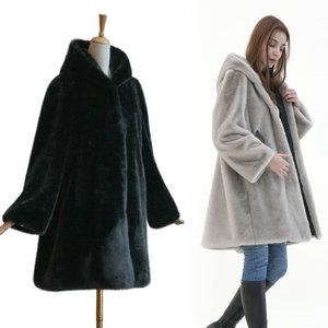 에코퍼(ECO FUR)후드롱 양가죽 벨트 밍크코트