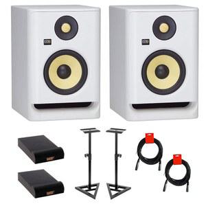 KRK RP5 ROKIT 5 G4 5인치 프로 바이암프 2방향 전동 스튜디오 모니터, 흰색(페어) 번들과 Auray TMS-135 스튜디오 모니터 스탠드(페어), 2배 Auray IP-S 소형 격리 패드 및 2배 XLR 케이블