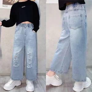 여아 초등학생 찢청0619 봄가을 연청 아이스진 와이드 데님 청바지 단품