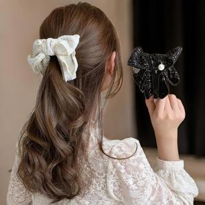 여성 격자 진주 리본 바나나클립핀 집게핀