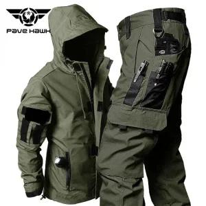 남성용 군사 전술 방수 세트 멀티 포켓 후드 재킷 내마모성 통기성 카고 바지 야외 사냥복