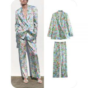 여자 봄 가을 면접복장 여성 투피스 바지 세트 여성용 꽃 정장 블레이저 코트 긴 소매 인쇄 2 피스 탄성 허