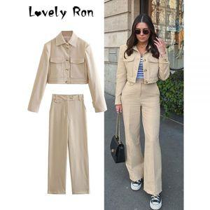 여자 봄 가을 면접복장 여성 투피스 여성용 코튼 린넨 크롭 블레이저 재킷 긴 바지 세트 포켓 정장 스트레