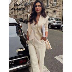 여자 봄 가을 면접복장 여성 투피스 TRAF 여성용 롱 수트 재킷 더블 브레스트 포켓 긴팔 바지 세트 단색 원