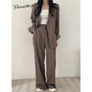 여자 봄 가을 면접복장 여성 투피스 Yitimuceng 블레이저 세트 여성용 용수철 코트 패션 바지 수트 핑크 오