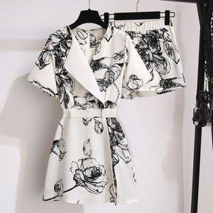 여자 봄 가을 면접복장 여성 투피스 여성용 프린트 수트 칼라 탑 와이드 레그 반바지 세트 레저 오피스 의