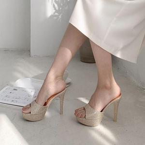 라운슈 오픈토 글리터 앞가보시 하이힐 샌들 12cm