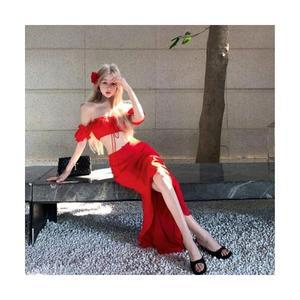 손오천 여자 데일리룩 정장세트 비치룩 휴양룩 섹시룩 어깨노출 슬릿 롱드레스 세트 KUK1