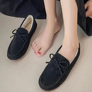 털 모카신 리본장식 겨울 방한 슈즈 낮은굽 스웨이드-WD2C230