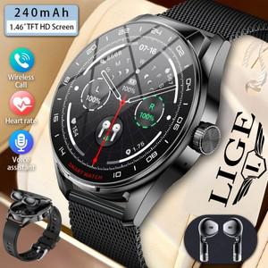 2025 LIGE 스마트 시계 2 in1 이어폰 Smartwatch 블루투스 통화 남성 GPS 트랙 심박수 모니터 음악 재생