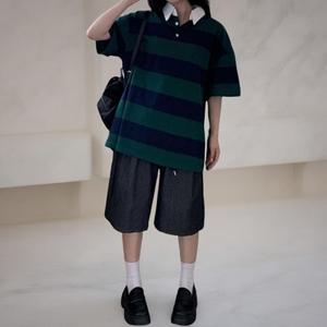 [다잇템] 여성 빅사이즈 오픈 단가라 카라 반소매 콘트라스트 티셔츠