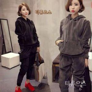 여자 벨벳트레이닝 셋 후드 윈터 투피스 트레이닝복 벨로아 캐쥬얼 큰 사이즈 기모 롱