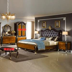 벤티 엔틱 침실 원목 가죽 킹침대세트B (침대+협탁+화장대)
