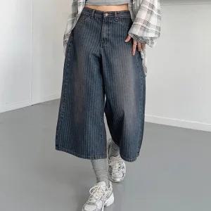 스트라이프 데님 버뮤다팬츠 8부 와이드 청바지 유니크 Y2K 워싱 데님 팬츠