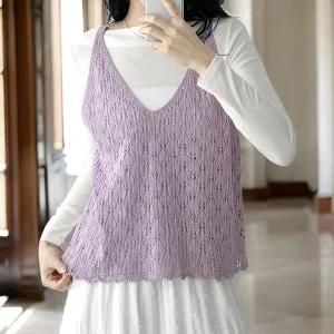 여자 브이넥 여름조끼 나뭇잎 스카시 니트조끼
