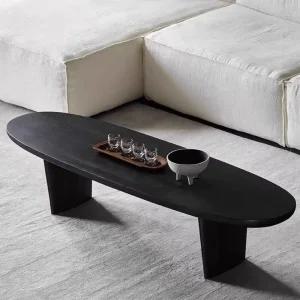 블랙 타원형 거실 인테리어 설산석 높은 좌식 좌식테이블 원목 긴